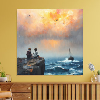 Two Boys Watching a Boat at Sea Canvas Print