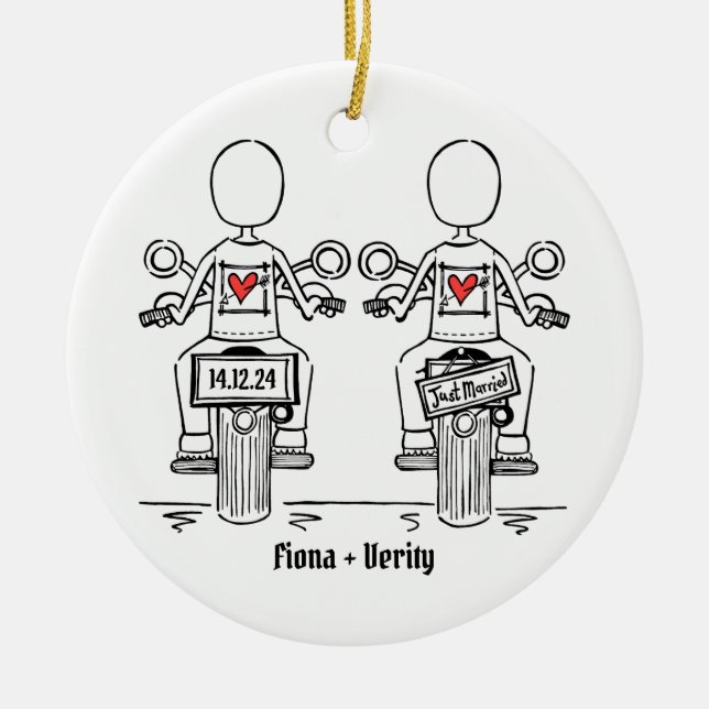 Two Brides Biker Motorcycle Wedding Ceramic Tree Decoration (Front)
