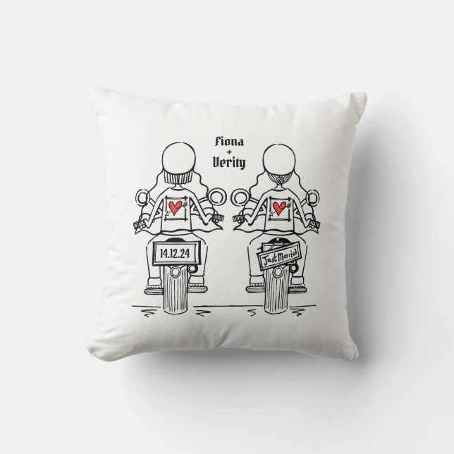 Two Brides Biker Motorcycle Wedding Cushion (Front)