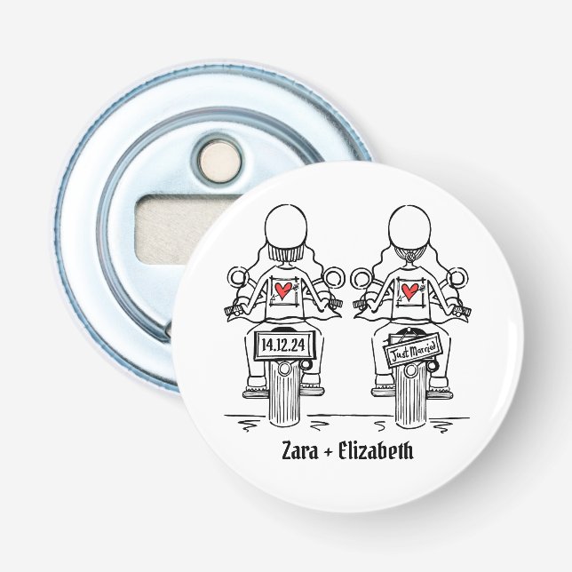 Two Brides Biker Motorcycle Wedding Favour Bottle Opener (Front)