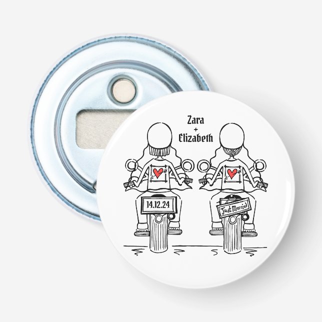 Two Brides Biker Motorcycle Wedding Favour Bottle Opener (Front)