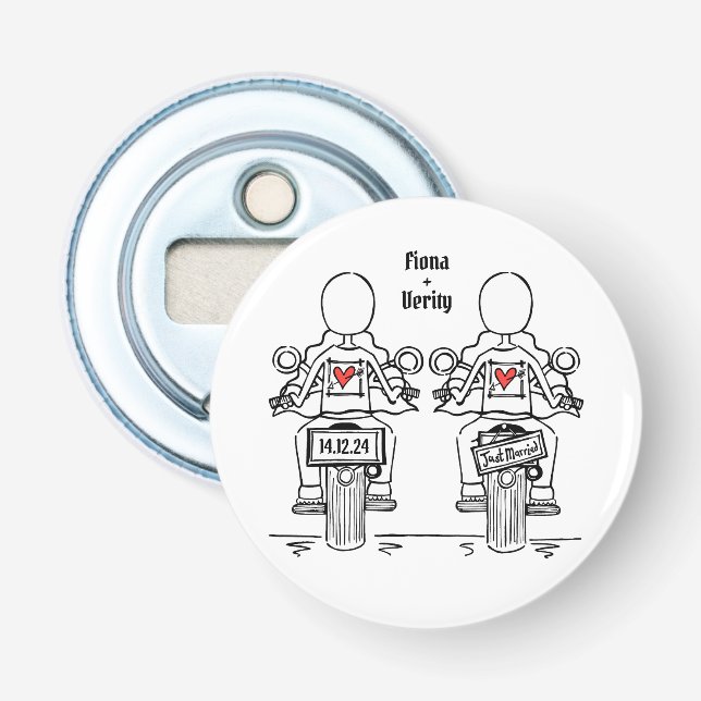Two Brides Biker Motorcycle Wedding Favour Bottle Opener (Front)