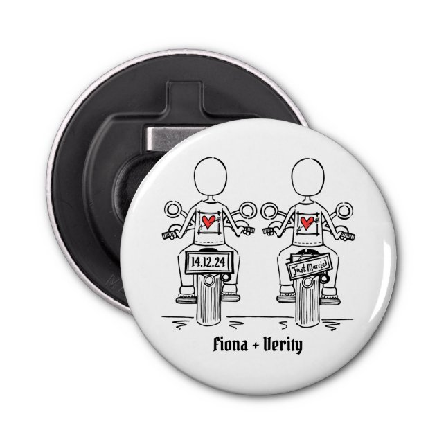 Two Brides Biker Motorcycle Wedding Favour Bottle Opener (Front)