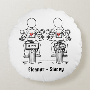 Two Brides Biker Motorcycle Wedding Round Cushion