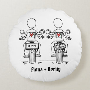 Two Brides Biker Motorcycle Wedding Round Cushion