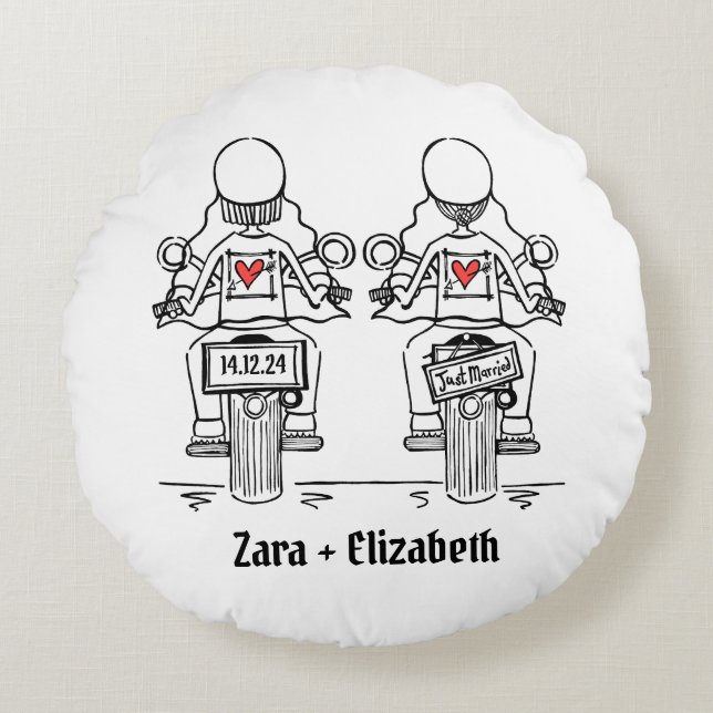 Two Brides Biker Motorcycle Wedding Round Cushion (Front)