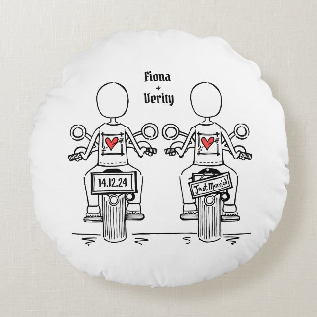 Two Brides Biker Motorcycle Wedding Round Cushion (Front)