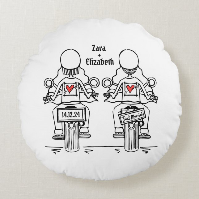 Two Brides Biker Motorcycle Wedding Round Cushion (Front)