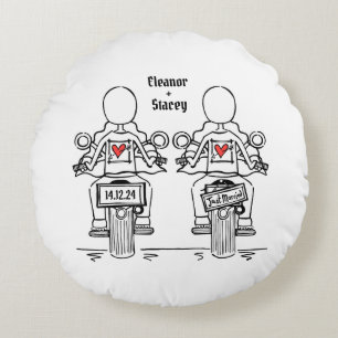 Two Brides Biker Motorcycle Wedding Round Cushion