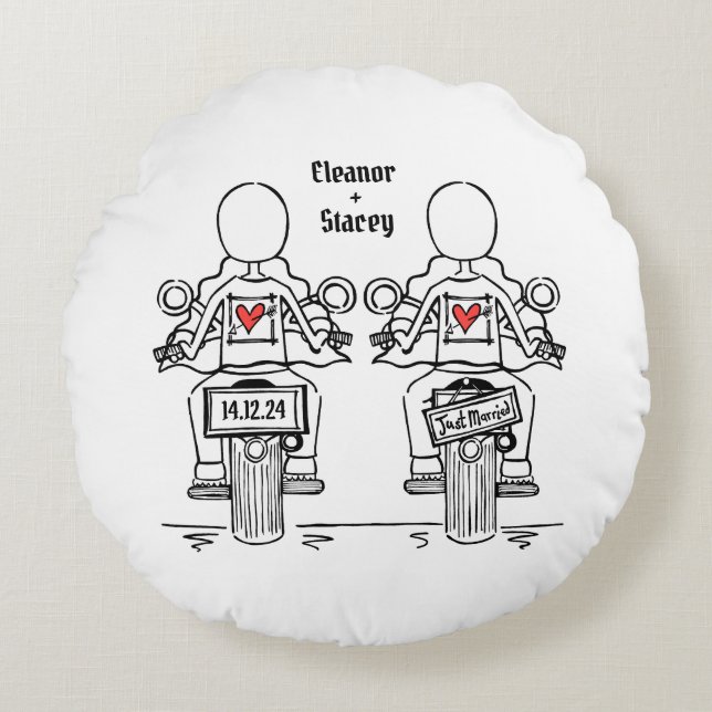 Two Brides Biker Motorcycle Wedding Round Cushion (Front)