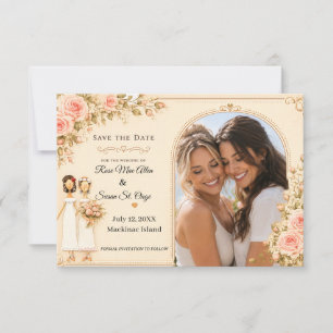 Two Brides Blush Rose Floral Lesbian Wedding Photo Save The Date
