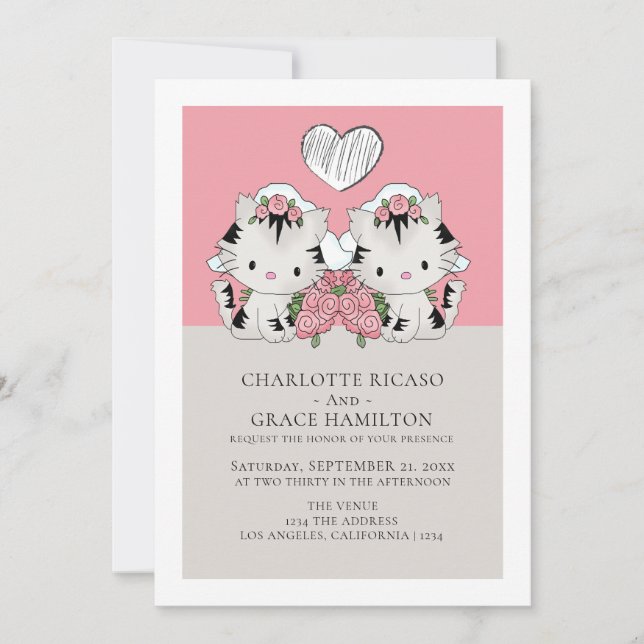 Two Brides Cat Themed Gay Wedding Announcement (Front)