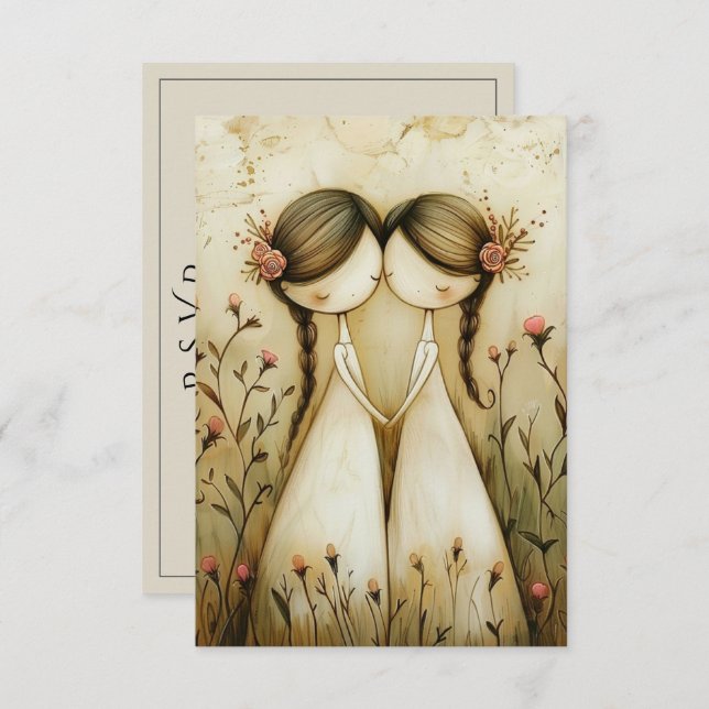 Two Brides Hand Drawn Pencil Illustration   RSVP Card (Front/Back)
