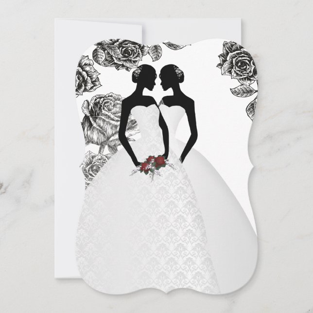 Two Brides In Bridal Gowns Elegant Wedding Invitation (Front)