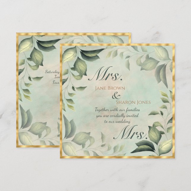 Two Brides Lesbian Watercolor Greenery Wedding Invitation (Front/Back)