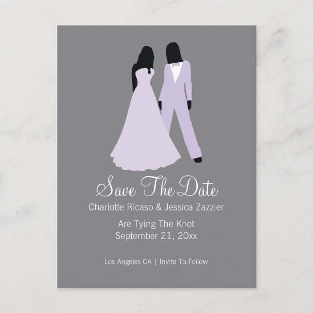 Two Brides Suit And Wedding Dress (Lilac Grey) Announcement Postcard (Front)