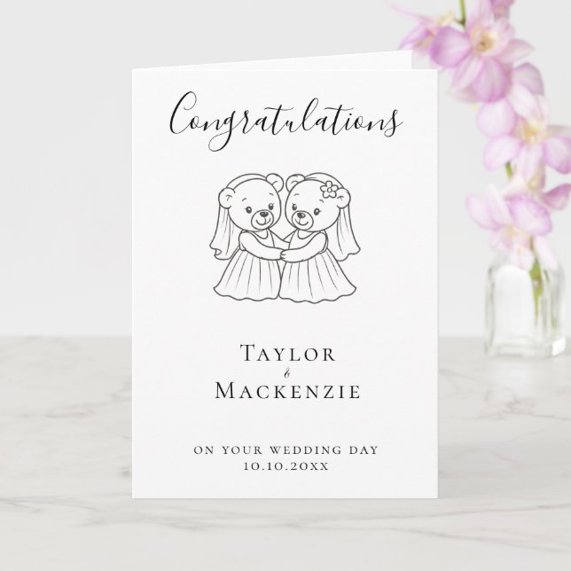 Two Brides Teddy Bears Congratulations Wedding Card (Orchid)