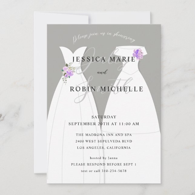 Two Brides Wedding Dress Lesbians Shower Purple Invitation (Front)