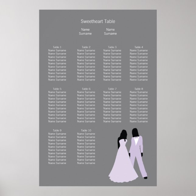 Two Brides Wedding (Lilac and Grey) Seating Plan Poster (Front)
