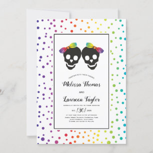 Two brides with bow rainbow colours lesbian weddin invitation