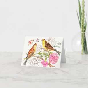 Two brown and yellow birds on branches, Birthday Card