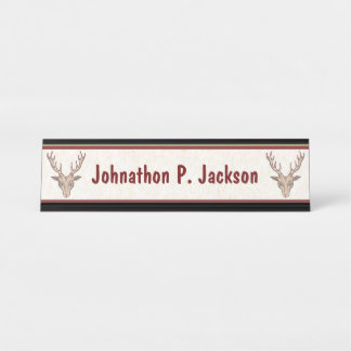 Two Brown Dear Heads Antlers White Red Borders Desk Name Plate