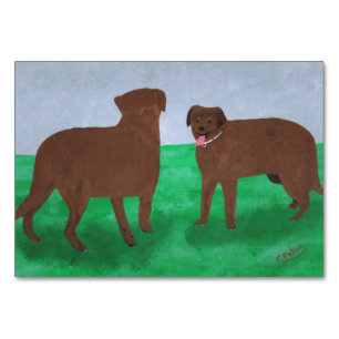 Two brown dogs reading flashcards for adults table number