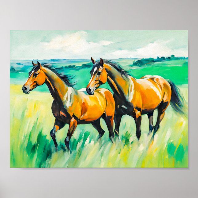 Two Brown Horses Running Across Green Meadow Poster (Front)
