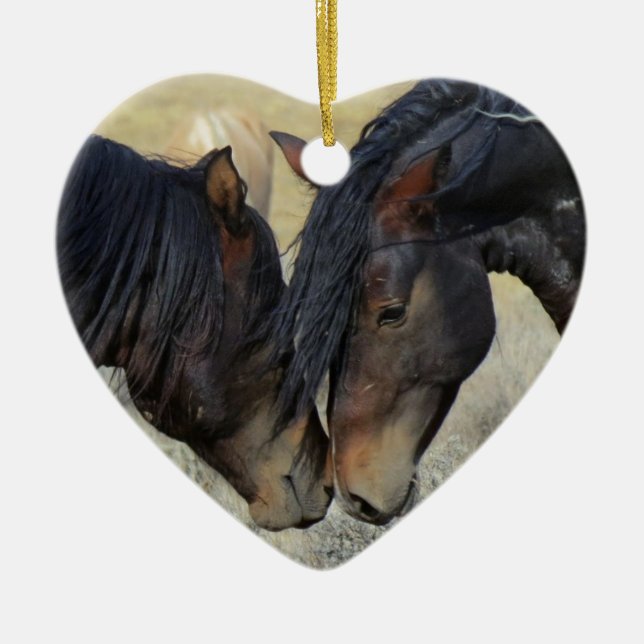 Two Brown Wild Horses Nuzzling Ceramic Tree Decoration (Front)