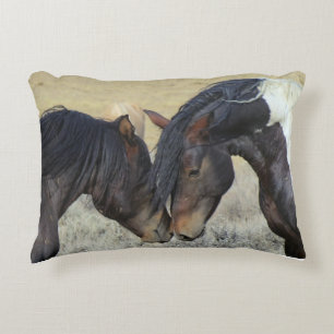 Two Brown Wild Horses Nuzzling Decorative Cushion