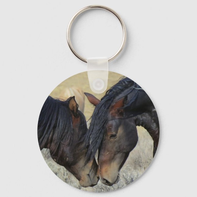 Two Brown Wild Horses Nuzzling Key Ring (Front)