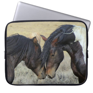 Two Brown Wild Horses Nuzzling Laptop Sleeve