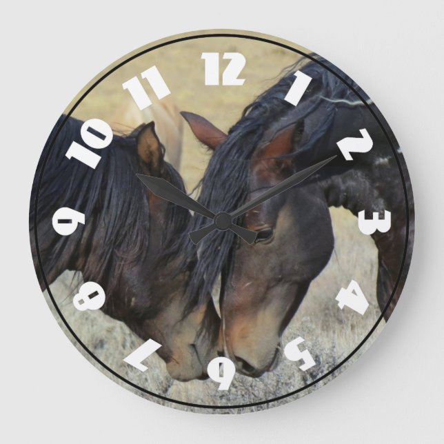 Two Brown Wild Horses Nuzzling Large Clock (Front)