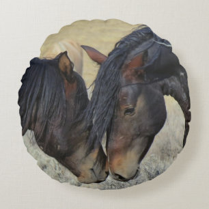 Two Brown Wild Horses Nuzzling Round Cushion