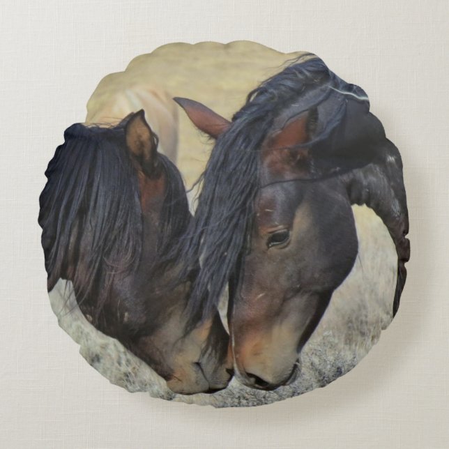 Two Brown Wild Horses Nuzzling Round Cushion (Front)