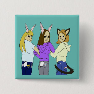 Two bunnies and a kitty 15 cm square badge