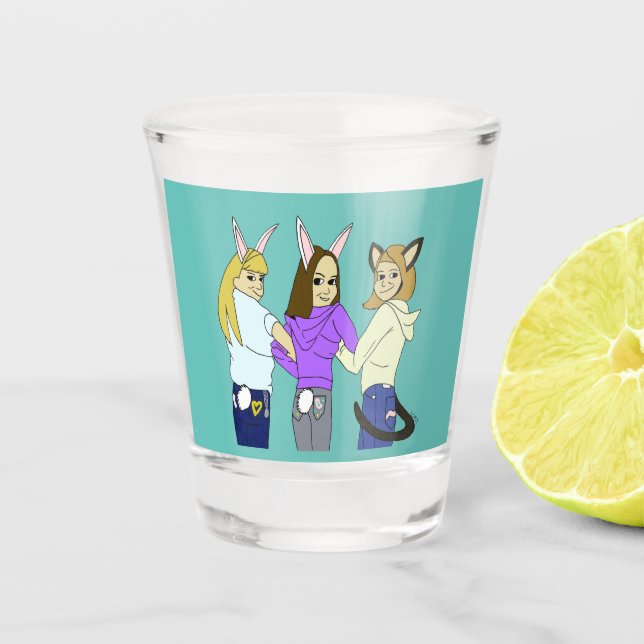Two bunnies and a kitty shot glass (Front)