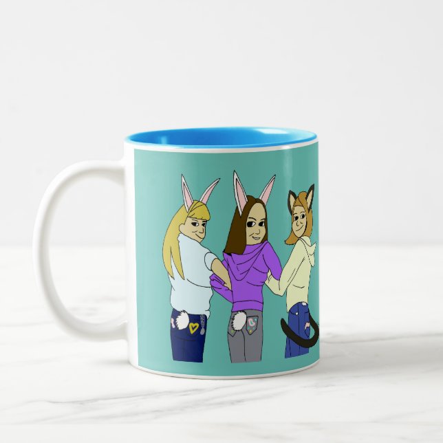 Two bunnies and a kitty Two-Tone coffee mug (Left)