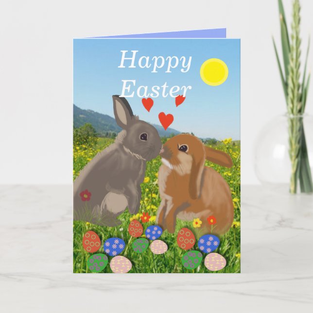 Two Bunnies Kissing in a Flower Meadow Easter  Holiday Card (Front)
