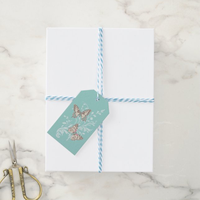Two butterflies drawing aqua teal wedding gift tag (With Twine)