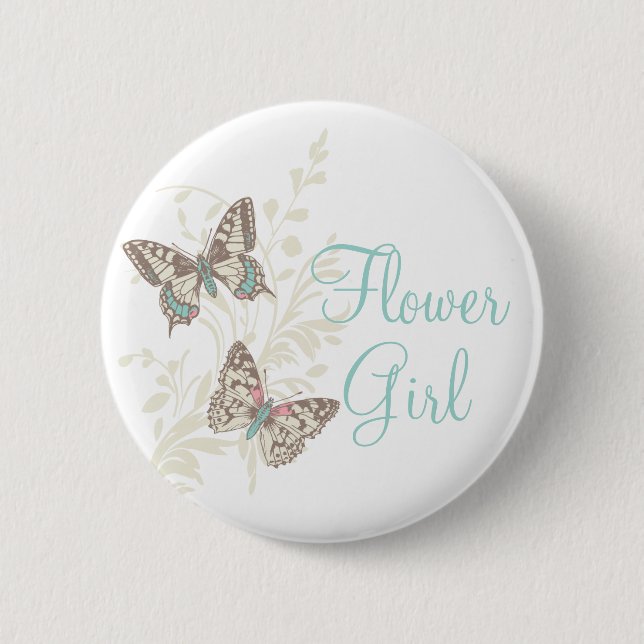 Two butterflies flower girl wedding pin / button (Front)