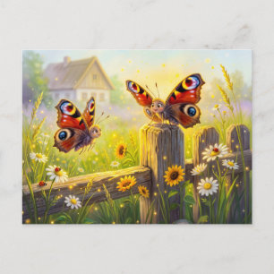 Two Butterflies on Garden Fence in Summer Postcard