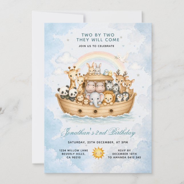Two By Two Animals Party Noah Ark Invitation (Front)
