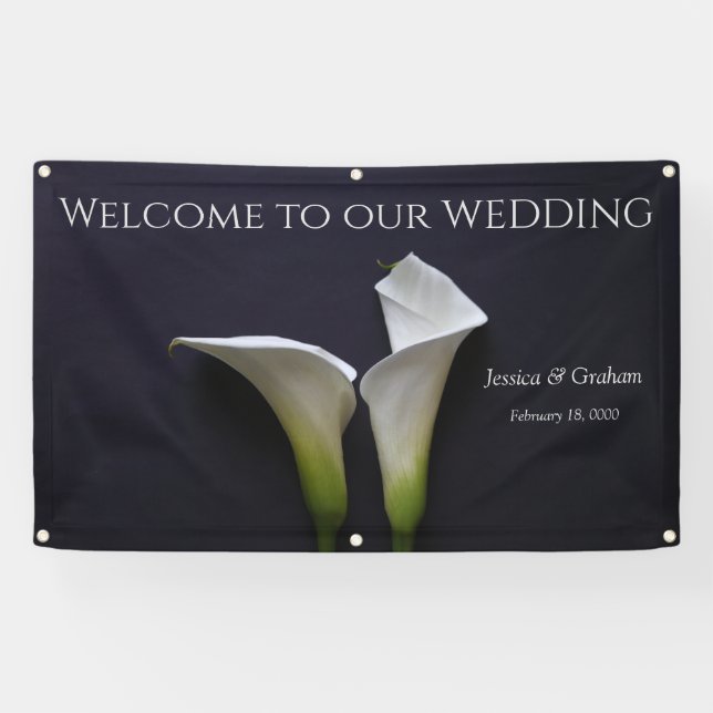 Two calla lilies on black wedding banner (Horizontal)