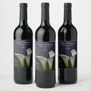 Two calla lilies on black wine label