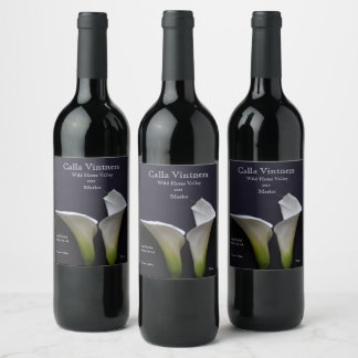 Two calla lilies on black wine label