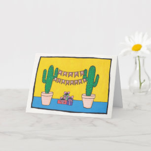 Two candlestick cacti with happy birthday banner card
