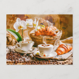 Two cappuccinos with croissants and orchids holiday postcard