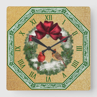 Two Cardinals ~ Snowy Christmas Wreath ~ Red Bow Square Wall Clock