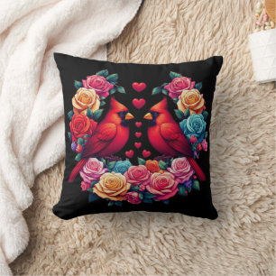 Two Cardinals with Colorful Roses and Hearts Cushion